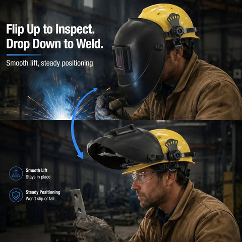 Premium Heavy Duty Welding Helmet Adapter Quick Release Hard Hat Mount No Sweat Install For Auto Darkening Mask shown in use.
