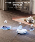 X40 Ultra Robotic Vacuum with removable and liftable mop and 12000 Pa suction navigating around objects on wooden floor