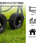 Close-up of the 4 wheel garden hose reel cart with storage basket portable hose cart for lawn garden backyard and farm easy roll design with non slip crank grip and foam handle fits 300 ft of five eighth inch or four hundred ft of one half inch hose no fuss operation, showing its durable never-flat PU tires on grass.