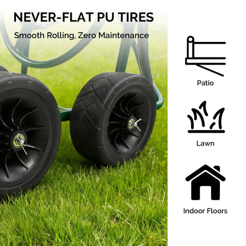 Close-up of the 4 wheel garden hose reel cart with storage basket portable hose cart for lawn garden backyard and farm easy roll design with non slip crank grip and foam handle fits 300 ft of five eighth inch or four hundred ft of one half inch hose no fuss operation, showing its durable never-flat PU tires on grass.