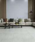 Off White Marble Peel And Stick Vinyl Floor Tiles 12x12 Waterproof Self Adhesive in modern living room with sofa and decor