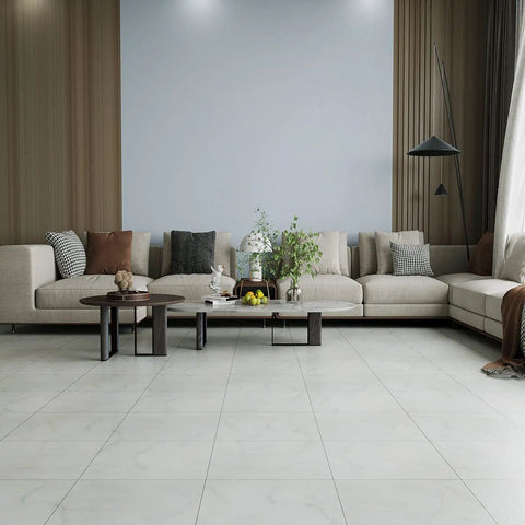 Off White Marble Peel And Stick Vinyl Floor Tiles 12x12 Waterproof Self Adhesive in modern living room with sofa and decor
