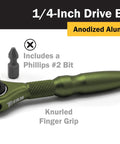 One Quarter Inch Drive Swivel Head Micro Ratcheting Bit Driver With Four Inch Length Ninety Tooth Reversible Ratchet in green