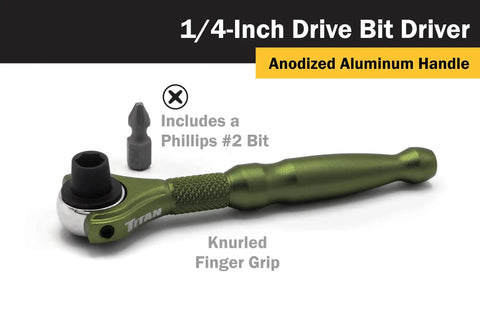 One Quarter Inch Drive Swivel Head Micro Ratcheting Bit Driver With Four Inch Length Ninety Tooth Reversible Ratchet in green