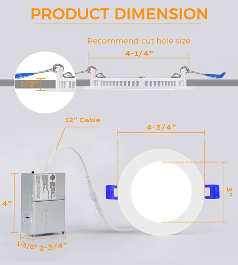 Product dimensions showing the size and installation features of 4 Inch LED Recessed Downlight Canless Wafer With 3 Color Temperature Options 3000K 4000K 5000K Dimmable 10W CRI 90 Plus Ultra Thin Profile Damp Location White Finish 6 Pack Easy Install.