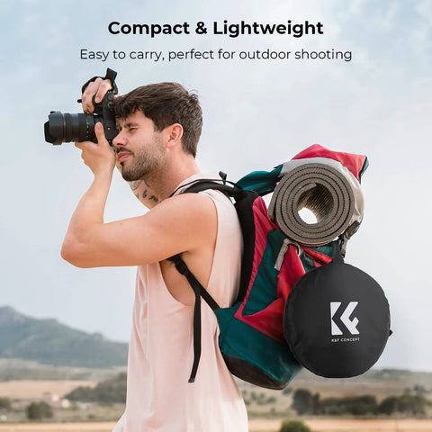 Photographer carrying 5 In 1 Light Reflector Kit 32 Inch Portable Collapsible For Studio And Outdoor Photography on backpack