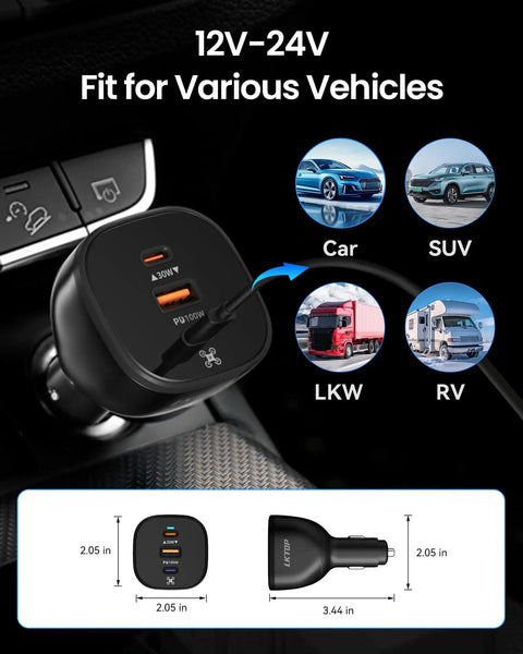 Beefy 130W Car Drone Charger With 3 USB Ports USB C USB A Fast Charging For DJI Mini Air Mavic 4 Pro Mavic 3 Avata Neo Series Charging Hub With Extension Cord plugged into car