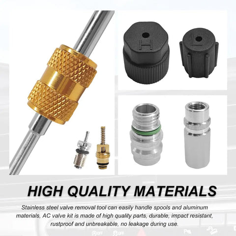 Air Conditioning Valve Core Kit For Most Cars With R12 R134a Compatible Cores And Teflon Seals Refrigeration Service Valves Removal Tool AC Repair Valves And HVAC System Charging Port Seal Cap Set components