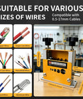 Dual Mode Wire Stripping Machine With Six Precision Blades And Five Heavy Duty Cutters Effortlessly Sheds Cable Jackets, showing various wire types and machine dimensions.