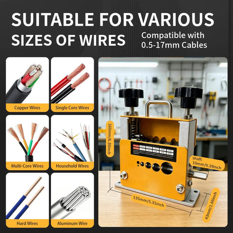 Dual Mode Wire Stripping Machine With Six Precision Blades And Five Heavy Duty Cutters Effortlessly Sheds Cable Jackets, showing various wire types and machine dimensions.
