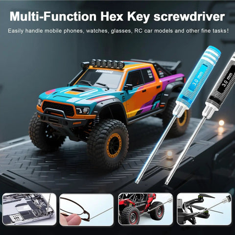 All In One RC Hex Key Driver Set With Magnetic Tips for RC cars, showcasing Allen wrenches beside a colorful RC truck model.