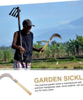Man holding long handle manganese steel grass sickle for weeding and harvesting all purpose garden tool with wooden anti slip handle