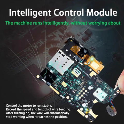 Top Shelf Cordless Wire Threading Tool intelligent control module, showcasing detailed circuit board for automatic wire feed.