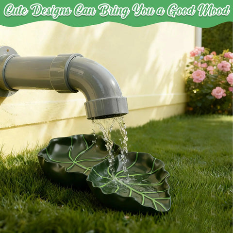 Dual Leaf Decorative Splash Block And Gutter Downspout Rain Diverter Extension For Lawn Patio Yard Garden Heavy Duty Weatherproof No Hassle Backyard Kickback To Shield Foundation Smooth Water Flow with water flowing from downspout.