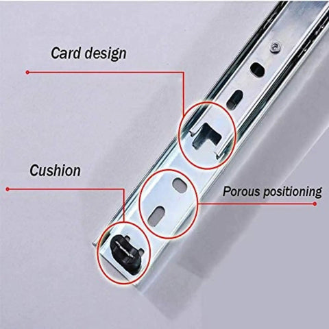 Close-up of Full Extension Soft Close Drawer Slides With Push To Open, Side Mount, Ball Bearing, showing card design and cushion.