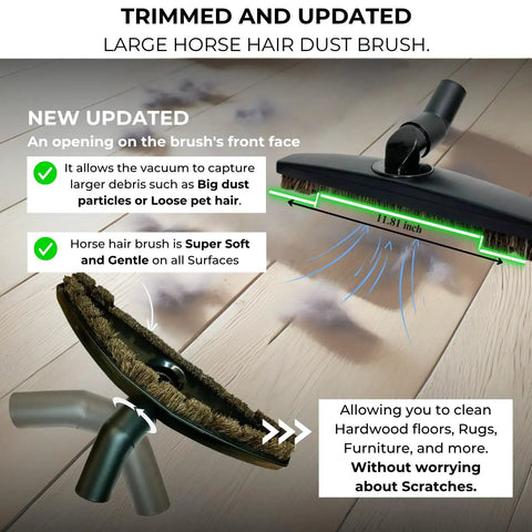 Versatile Vacuum Attachments And Brush Kit for most vacuums with updated 11.81 inch horse hair dust brush head on hardwood floor.