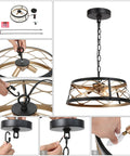 Dope Black And Gold 3 Light Drum Pendant Chandelier With Hollow Metal Shade installation steps, showing chain and fixture setup