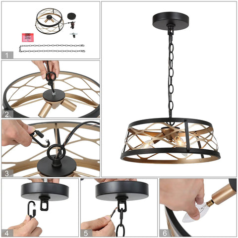 Dope Black And Gold 3 Light Drum Pendant Chandelier With Hollow Metal Shade installation steps, showing chain and fixture setup