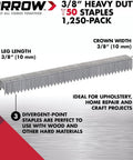 Heavy Duty Staples Built For Tough Jobs 3/8-Inch Leg, 3/8-Inch Crown, 1250-Pack, labeled for size and applications