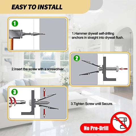 Diagram showing installation steps for 80 Piece Self Drilling Drywall Anchors And Screws Kit with no pre drill needed.