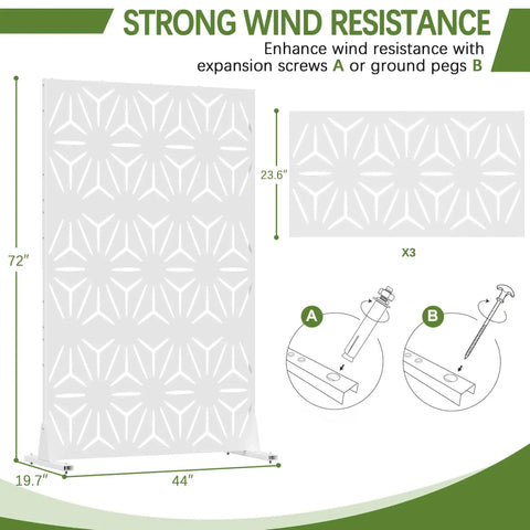 Diagram showing a white metal privacy screen with stand freestanding outdoor fence panel 72 inch high by 44 inch wide floral design.