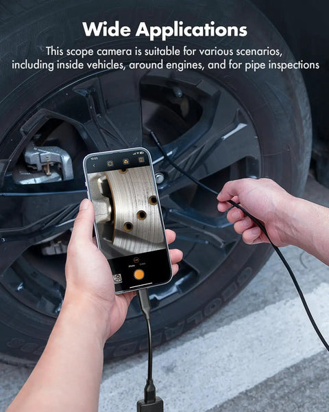 1920P Endoscope With Light Snakes Through Tight Spots Like A Pro, inspecting car brake with 8 adjustable LEDs and semi-rigid cable