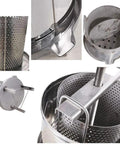 Close-up of Built Different Manual Honey Press And Beeswax Extractor with stainless steel body and nylon filters for juice extraction.