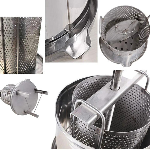 Close-up of Built Different Manual Honey Press And Beeswax Extractor with stainless steel body and nylon filters for juice extraction.