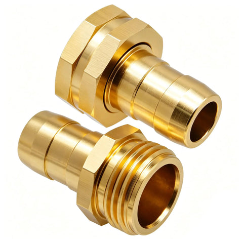 Aluminum Garden Hose Repair Kit With Clamps, Set Of 3 Female And 3 Male Connectors For 3/4 And 5/8 Inch Hoses, brass connectors close-up