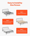 Installation steps showing Twin Size Foldable Bunkie Board 35X71 Heavy Duty Wooden Bed Slat Foundation on a bed frame.