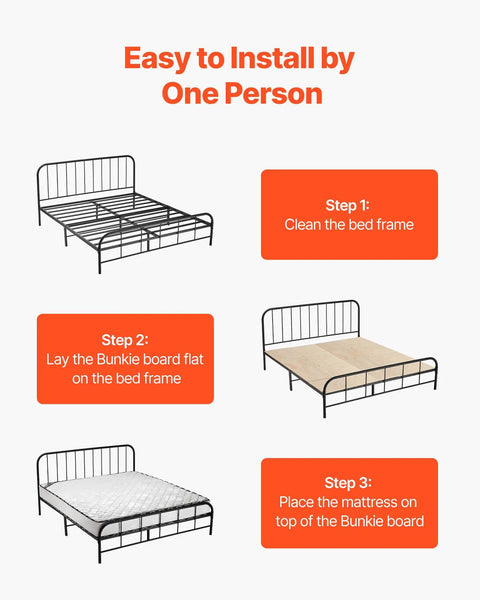 Installation steps showing Twin Size Foldable Bunkie Board 35X71 Heavy Duty Wooden Bed Slat Foundation on a bed frame.