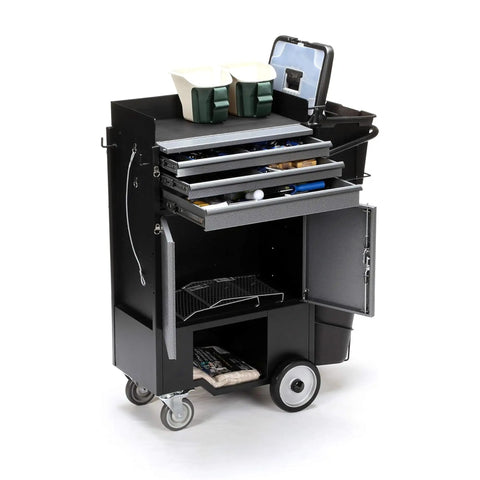 Kickass Heavy Duty Rolling Painters Cart With 5 Gallon Bucket Storage And Pro Tool Set showing open drawers and storage compartments.