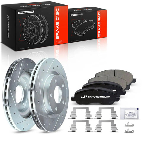 Top Shelf Front Brake Rotors And Ceramic Pads Kit 6 Pack 11.57 Inch Fits Jeep Compass Patriot Mitsubishi Outlander components displayed with discs and pads.