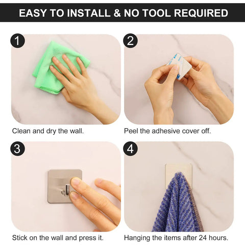 Installation steps for 8 Pack Heavy Duty Adhesive Hooks Stick On Wall And Door Hangers Waterproof Stainless Steel