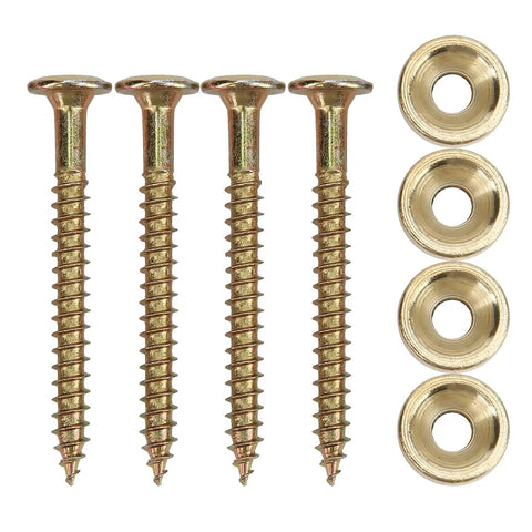 Gold Neck Ferrule Set For Electric Guitars And Bass, 4 Pack Neck Joint Bushing With Screws, Metal Ferrule Bolts, Shims And Spacers, Rock Solid Connection, Easy Install Repair Parts. Four gold ferrules and screws shown