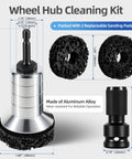 Dope Wheel Hub Cleaning Tool With Dual Head Adapter shown with dimensions and replaceable sanding pads