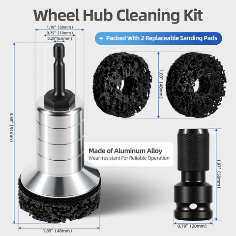 Dope Wheel Hub Cleaning Tool With Dual Head Adapter shown with dimensions and replaceable sanding pads