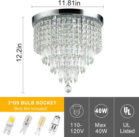 Four Light Mini Crystal Chandelier, Modern Flush Mount Ceiling Light, 11.8 Inch Diameter By 12.2 Inch Height with sparkling crystals.