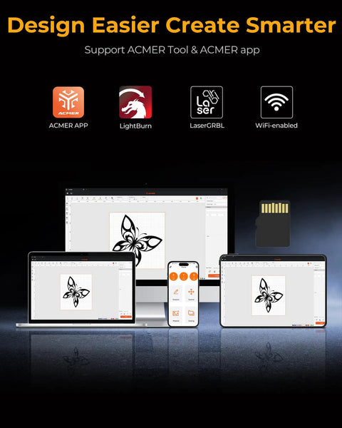 ACMER tool interface on laptops and smartphone for P3 Laser Engraver With Switchable 48W And 24W Diode 455Nm Laser Cutter.