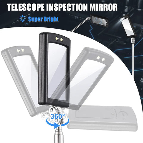 Telescoping LED Lighted Inspection Mirror Set with flexible handle showing 360° rotating black frame and LED lights.