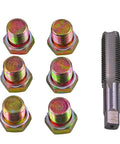 Oil Drain Plug Thread Repair Kit M15 X 1.5mm Rethread Tool For Oil Pan Sump Gearbox And Differential Drains DIY Fix With Washer Included And Easy Tap Kit showing tap and six plugs