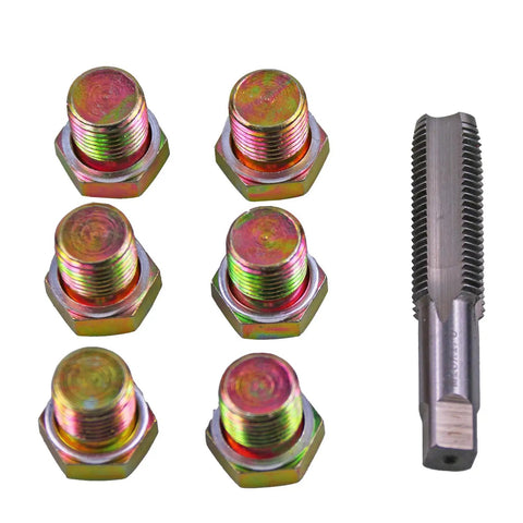 Oil Drain Plug Thread Repair Kit M15 X 1.5mm Rethread Tool For Oil Pan Sump Gearbox And Differential Drains DIY Fix With Washer Included And Easy Tap Kit showing tap and six plugs