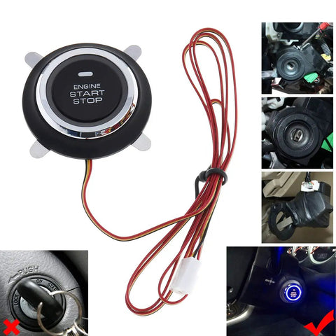 RFID Push To Start Car Ignition Kit With Keyless Go Button And Leather Key Fob, showing various car ignition installations