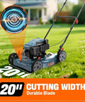 Gas Powered Lawn Mower With 144cc 4 Stroke Engine 20 Inch Deck Side Discharge highlighting durable blade and cutting width