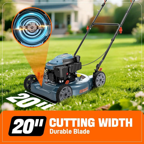 Gas Powered Lawn Mower With 144cc 4 Stroke Engine 20 Inch Deck Side Discharge highlighting durable blade and cutting width