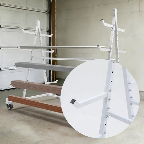 Heavy Duty Mobile Storage Rack For Lumber And Conduit Pipes, Double Sided Design With Premium Iron Frame, 5 Tier Industrial Shelf On Wheels.
