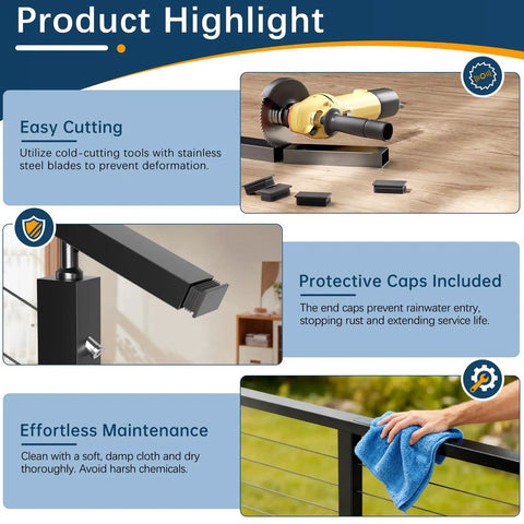Straight Up Premium Stainless Steel Black Handrail For Modern Deck Cable Railing System installation tools and maintenance features