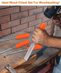 4 Piece Wood Chisel Set With Steel Hammer End And Ergonomic Plastic Handles For Woodworking Includes 6mm 12mm 18mm And 24mm Chisels Pro Grade And Handy For Carving Shaping And Craft Projects shown with a hand using a chisel on wood.