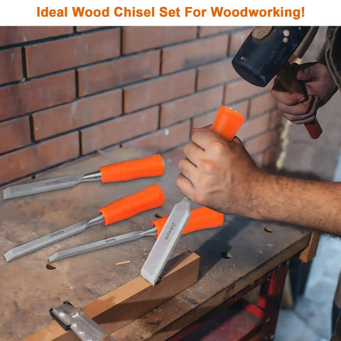 4 Piece Wood Chisel Set With Steel Hammer End And Ergonomic Plastic Handles For Woodworking Includes 6mm 12mm 18mm And 24mm Chisels Pro Grade And Handy For Carving Shaping And Craft Projects shown with a hand using a chisel on wood.