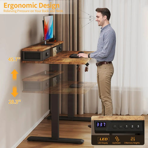 Man using sit stand desk with 40 inch work surface and adjustable height from 28 to 46 inches, monitor shelf, and storage drawers